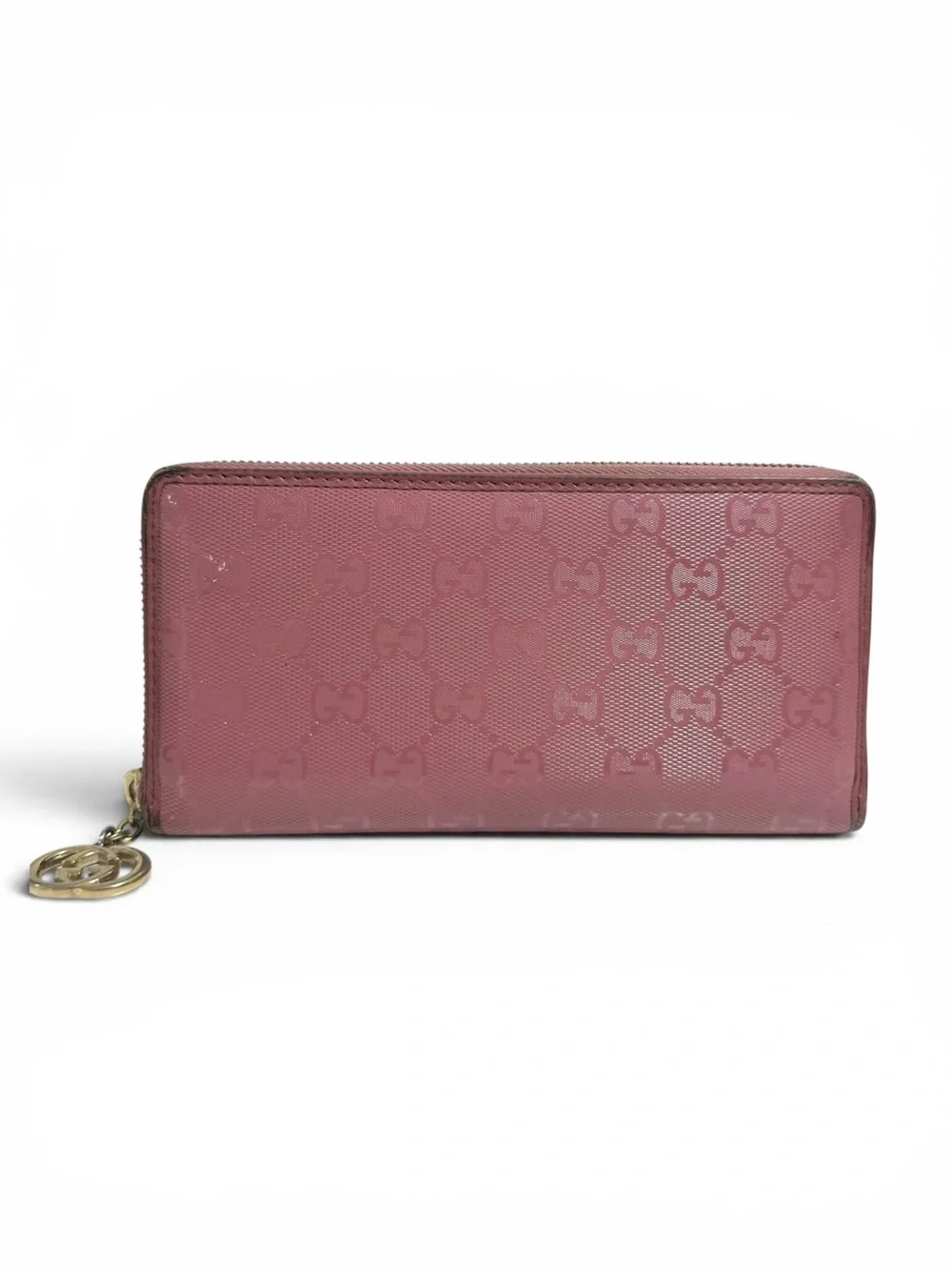 Gucci Pink GG Monogram Leather & Gold Large Zippy Zip Around Wallet